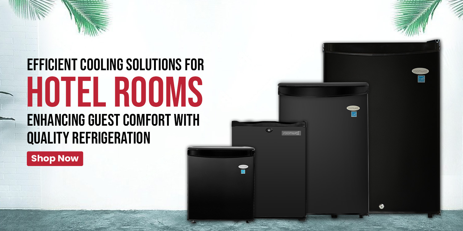 Multiple sizes of black mini fridges displayed against a clean wall background, promoting quality cooling for hotel room comfort.